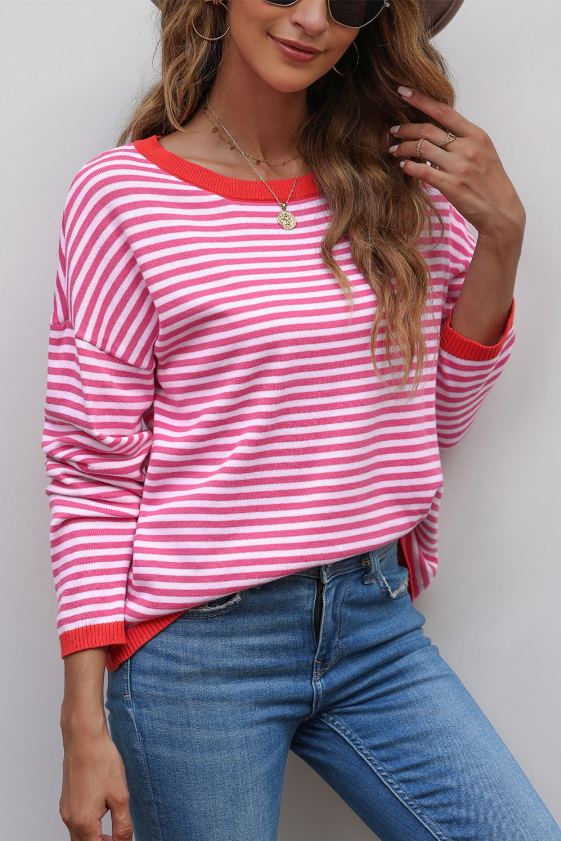 Valenzora | Striped crew neck drop-shoulder T-shirt