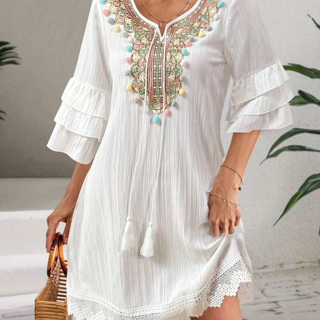 Valenzora | Women's dress with embroidery and pom-poms, 3/4 sleeves, white