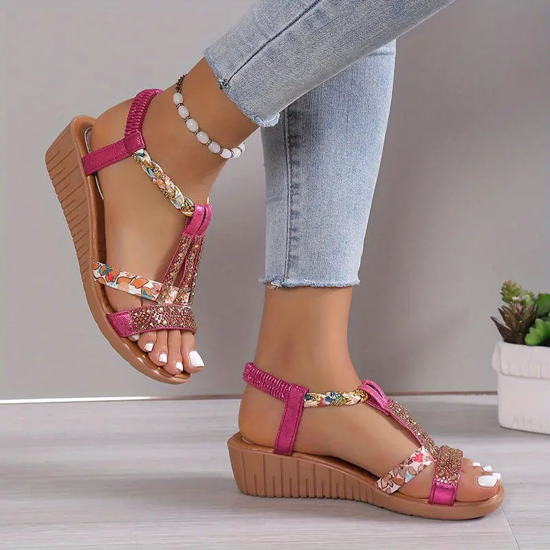 Valenzora | Boho Glam Braided wedge sandals with straw strands
