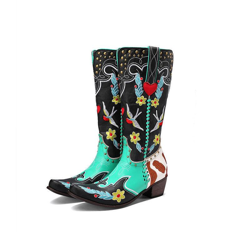 Valenzora | Denim Western Shoes Women's Leather Boots Fantastic Embroidery
