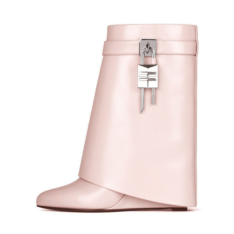 Valenzora | Women's Fashion Slanted Heel Round Toe Leather Upper High Heel Zipper Short Boots