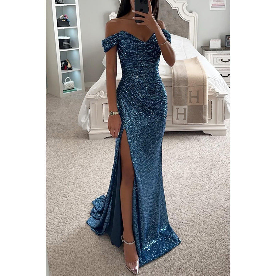 Valenzora | Off-Shoulder Evening Dress with Sequins: Elegant Party Dress with Slit and Figure-Hugging Cut for Festive Occasions