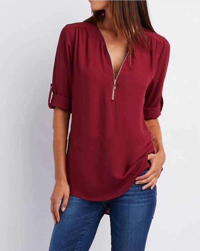 Valenzora Short-sleeved shirt with zipper and V-neck - Loose tops