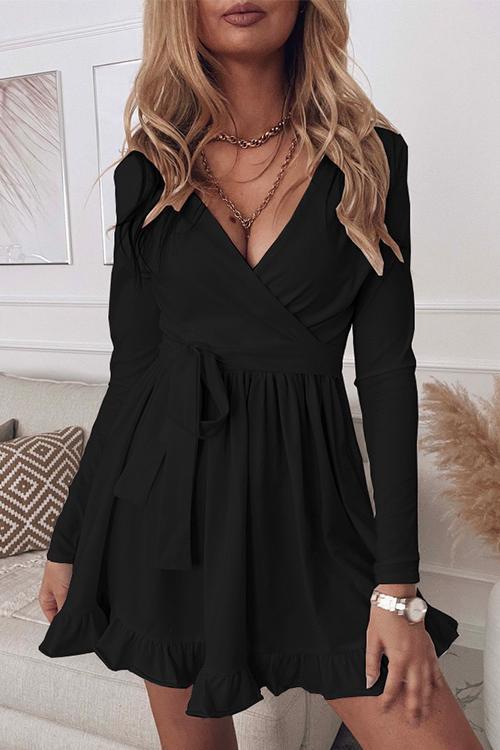 Valenzora | Wrap V-neck Band Waist Gathered Ruffle Dress