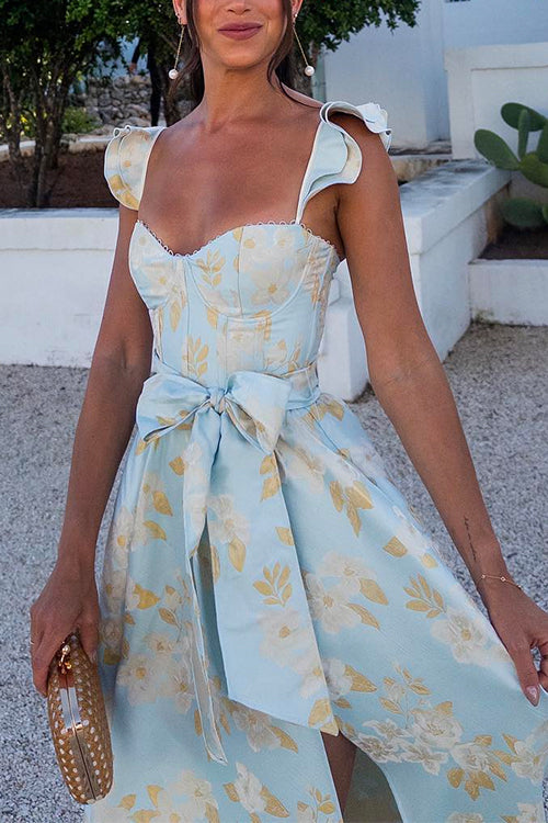 Valenzora | Rosiedress Rüschenschulter Schleifenbund Schlitz Bedrucktes Vintage-Partykleid