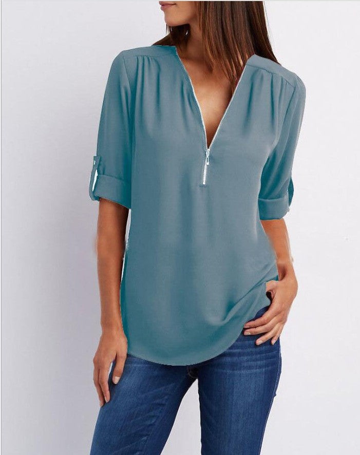 Valenzora Short-sleeved shirt with zipper and V-neck - Loose tops