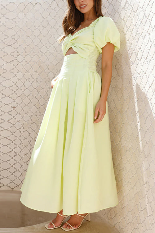 Valenzora | Rosiedress Puff Sleeve Twist-Front Cut-Out Swing Maxi Dress
