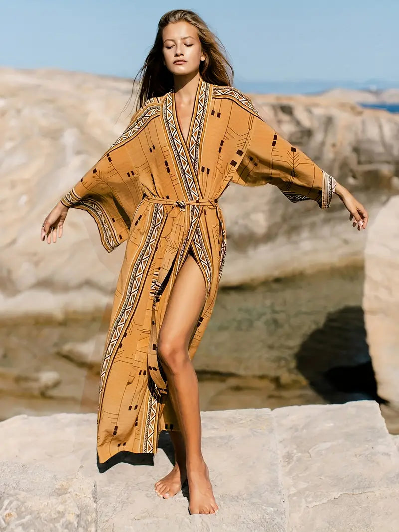 Valenzora | Boho Plus Size Kimono with Tie Belt Maxi Tunic