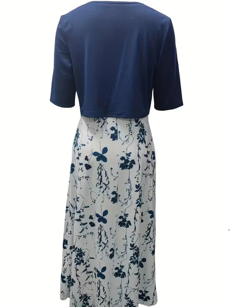 Valenzora | Elegant two-piece floral dress set with solid color crop top and round neck dress