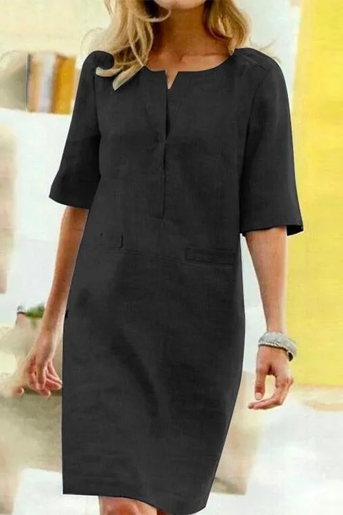 Valenzora | Gerade geschnittenes Kleid mit kurzen Ärmeln aus Baumwolle und Leinen
