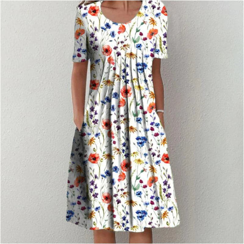 Valenzora | A-line dress, knee-length with short sleeves, floral pattern with pockets