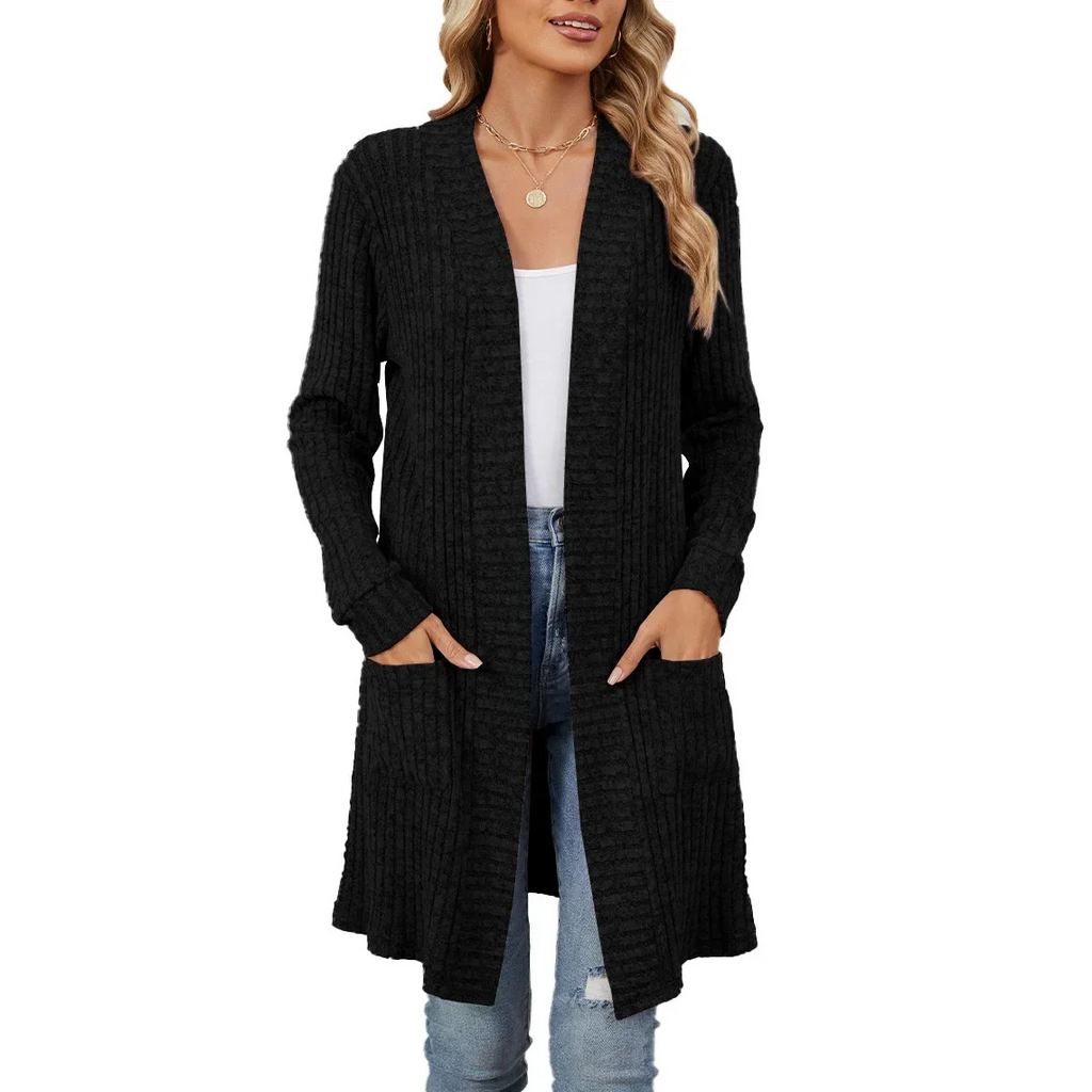 Valenzora | Langer gerippter Cardigan für Damen mit offener Vorderseite und Taschen