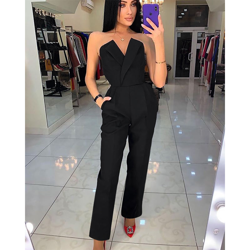 Valenzora | Off-Shoulder Sexy V-Neck Long Pants Jumpsuit