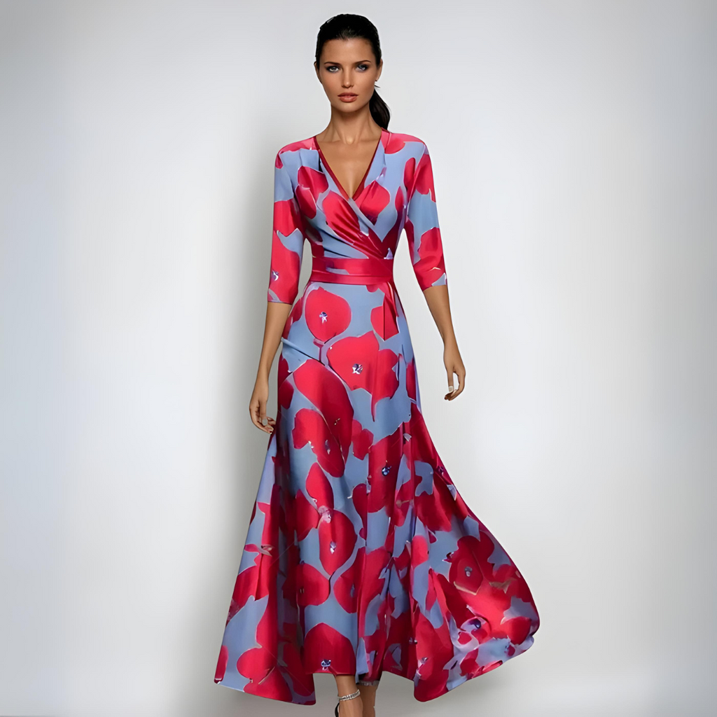 Valenzora | Maxikleid mit V-Ausschnitt und lebhaftem, abstraktem Print für Damen