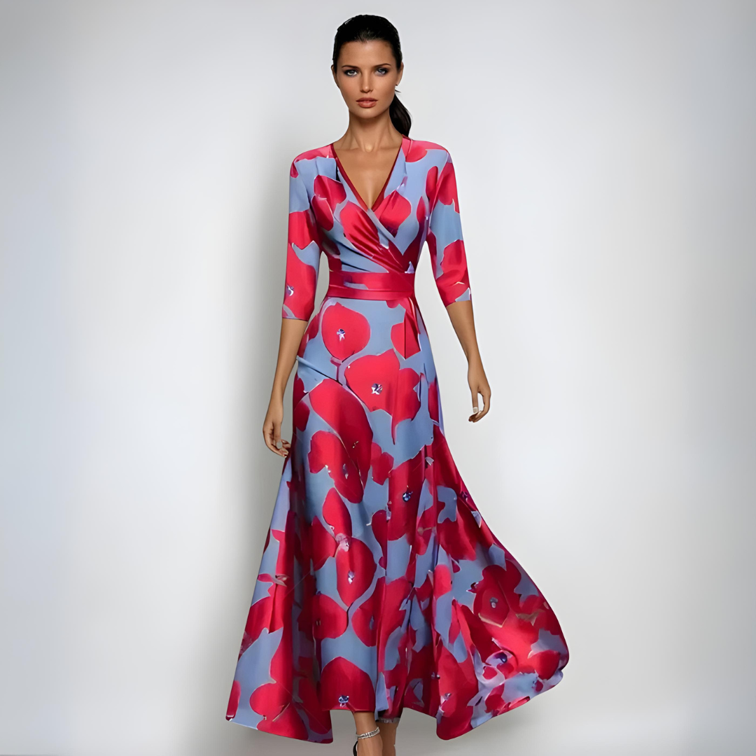 Valenzora | Maxikleid mit V-Ausschnitt und lebhaftem, abstraktem Print für Damen