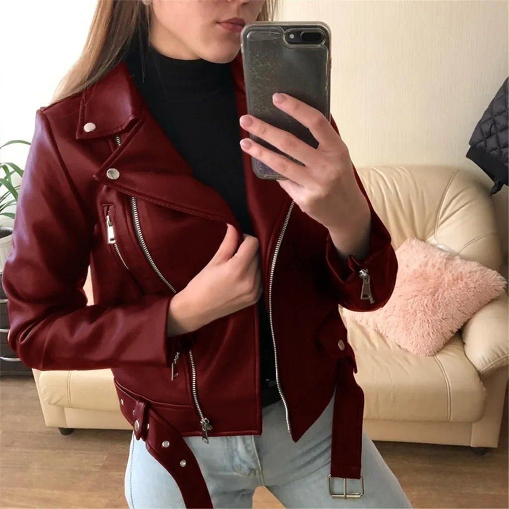 Valenzora | Women's Leather Biker Jacket with Zippers and Waist Belt