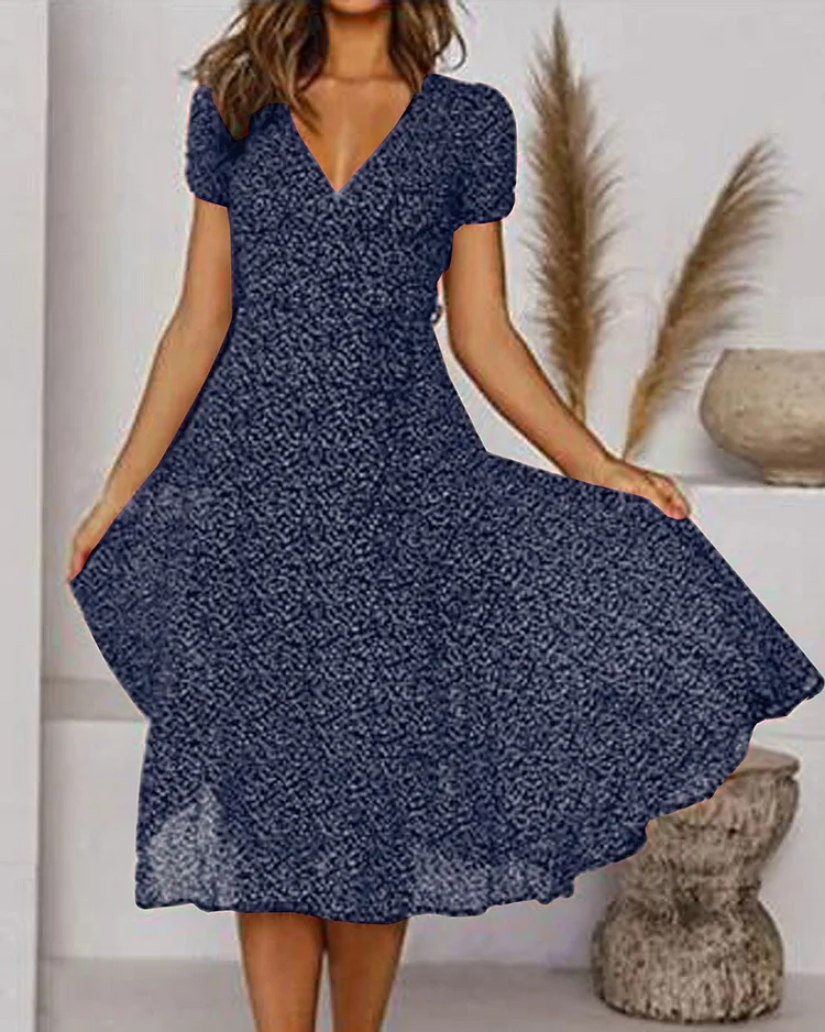 Valenzora | Printed silk chiffon dress with short sleeves and V-neck for women