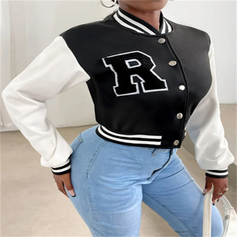 Valenzora | Varsity Bomber Jacket for Women, Short Model with Letter Patch and Snap Button Closure