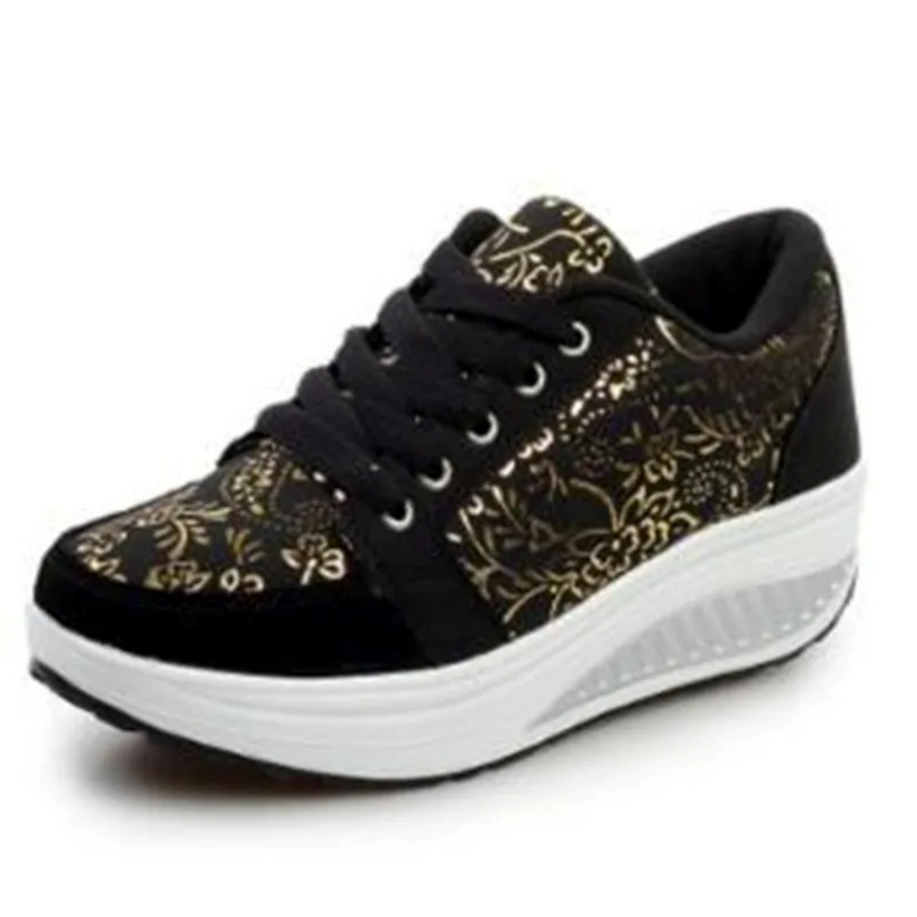 Valenzora | Orthopädische Damen-Sneaker aus schwarzem Leder mit Blumenmuster