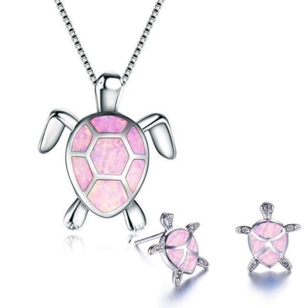 Valenzora | Turtle Necklace + Earrings in Opal and Silver