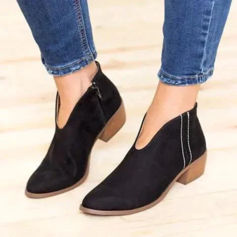 Valenzora | Women's suede ankle boots with low block heel, V-shaped design, zipper