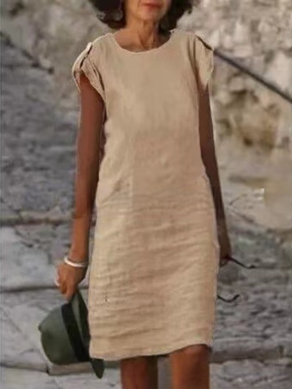 Valenzora | Women's Midi Dress in Colorful Cotton-Linen, Sleeveless with Round Neck