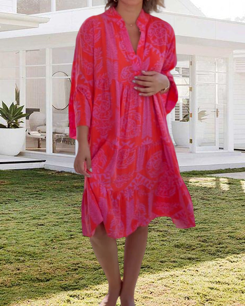 Valenzora | Kleid mit 3/4-Ärmeln und geometrischem Boho-Print
