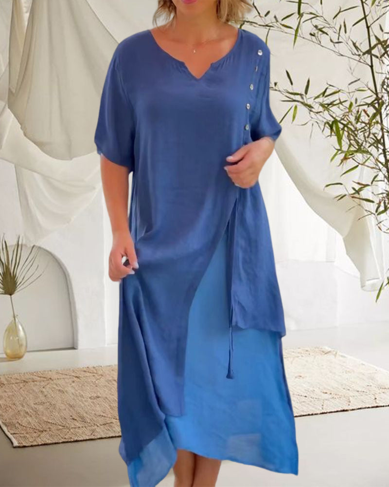 Valenzora | Asymmetrisches Kleid mit kurzen Ärmeln und V-Ausschnitt
