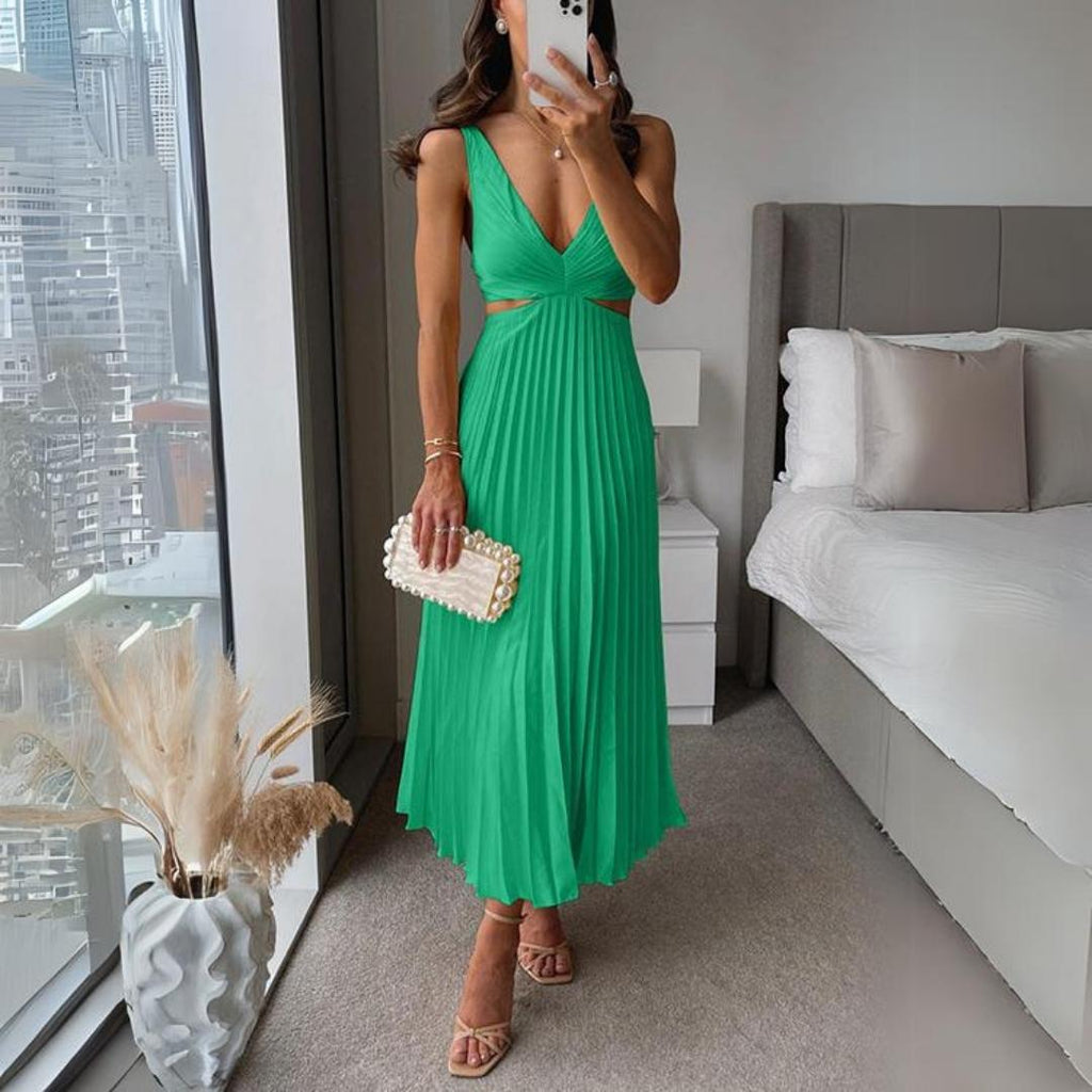 Valenzora | Midi Dress Sleeveless V-neck Twist Front & Cut Out Detail Pleated Skirt
