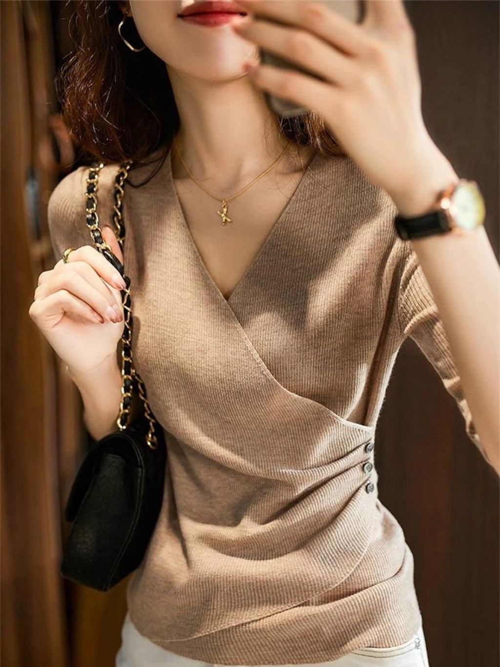 Valenzora | Casual V-neck solid color knit top green