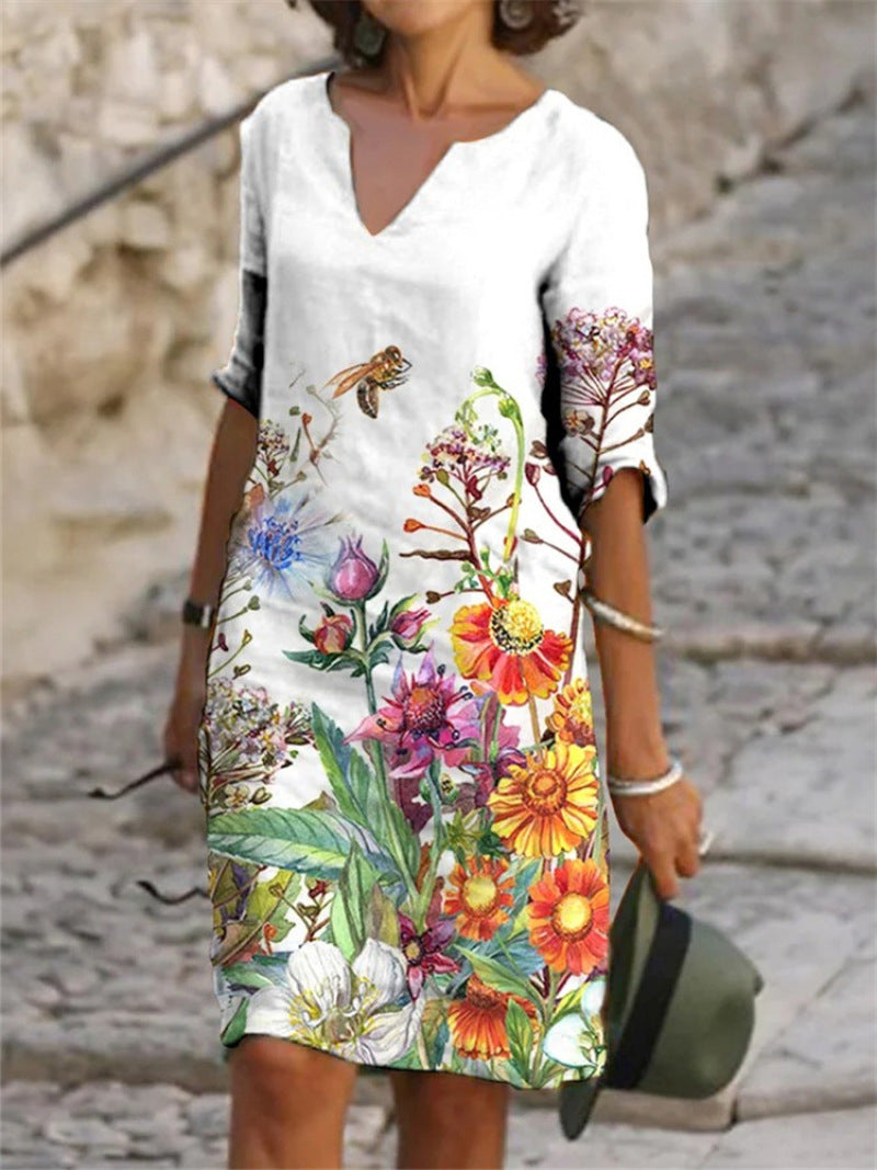 Valenzora | Charming linen dress with floral print