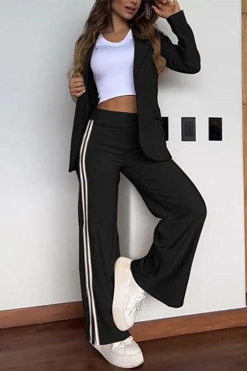 Valenzora | Rosiedress Color Block Open Front Blazer Elastic Waist Slit Wide Leg Trousers Set