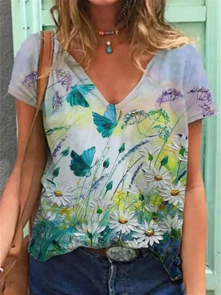 Valenzora | V-neck shirt with floral painting