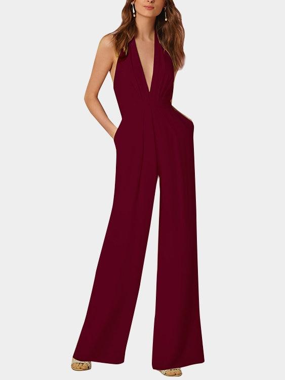 Valenzora | Deep V-neck Sleeveless Wide Leg Jumpsuit