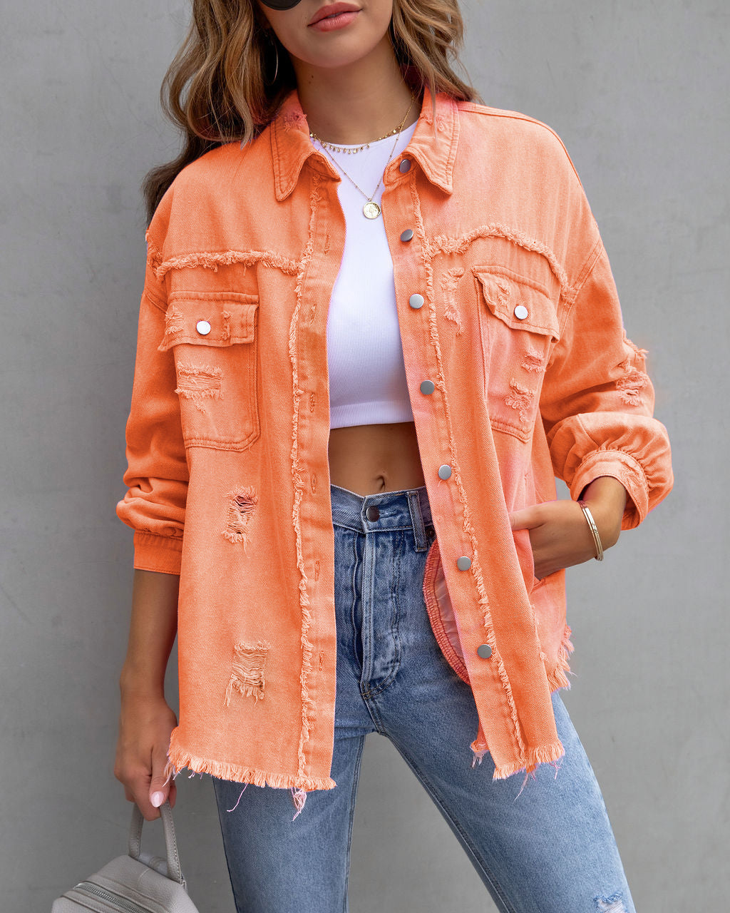 Valenzora | Denim Blouse - Women's denim jacket with fringed details and button closure