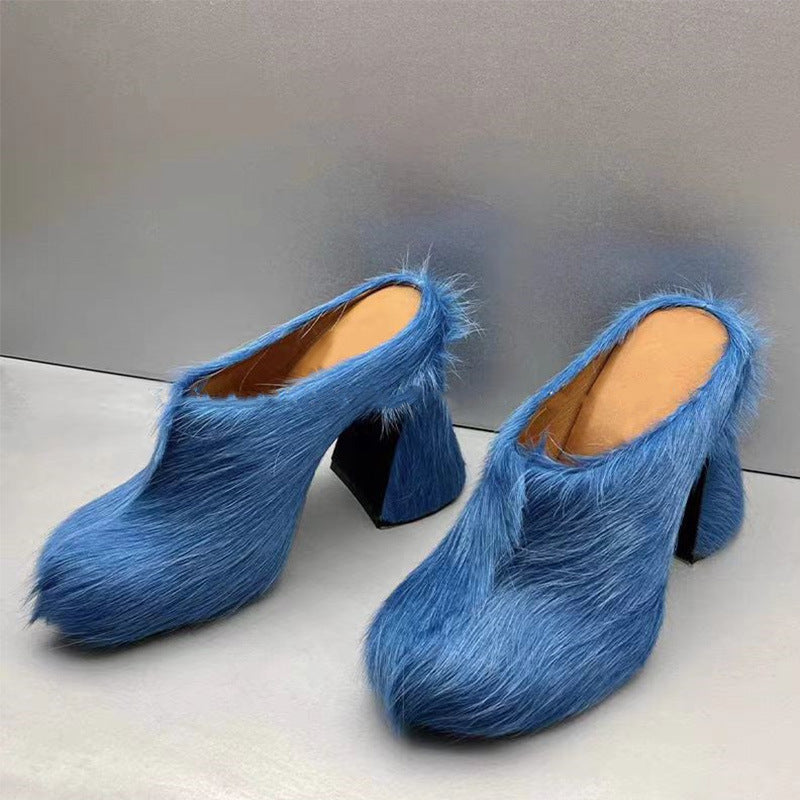 Valenzora | Closed Toe Horsehair Chunky Heel Waterproof Platform Slippers