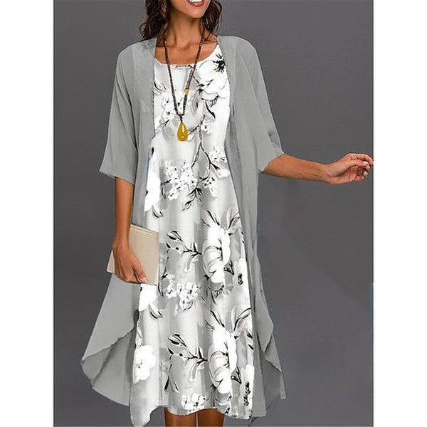 Valenzora | Grey Printed Midi Dress with Outerwear