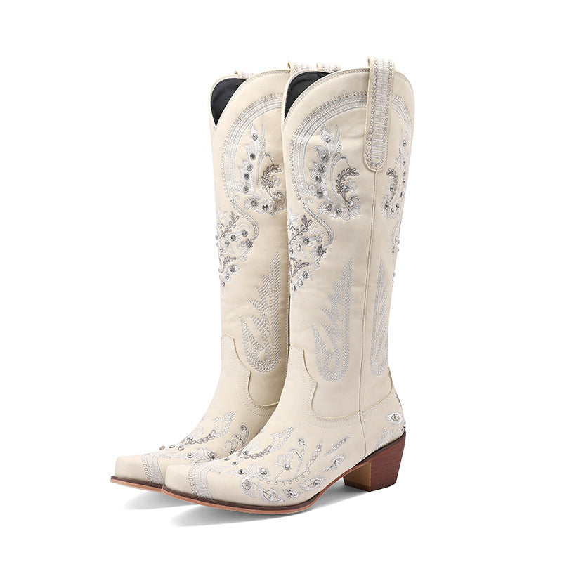 Valenzora | Embroidered Western Denim Retro Women's Knee-Length Boots