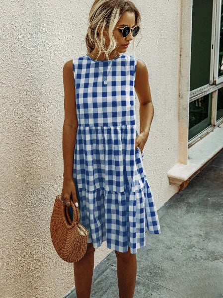 Valenzora | Mode, locker sitzendes Damenkleid mit Rundhalsausschnitt, karierter Pastell-Midi-Rock