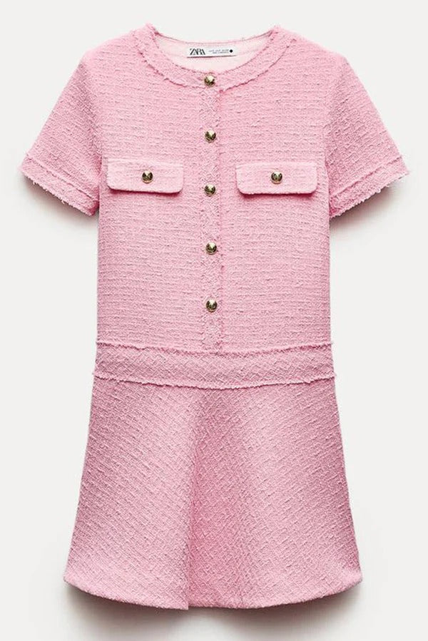 Valenzora | 1960s London Girl Tweed Textured Short-Sleeved Dress with Gold Buttons and Pockets