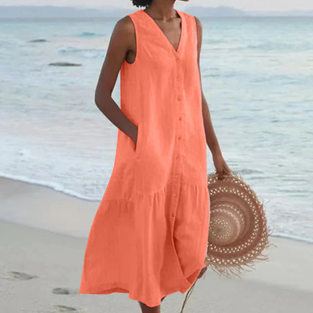 Valenzora | Sleeveless cotton linen dress with V-neck