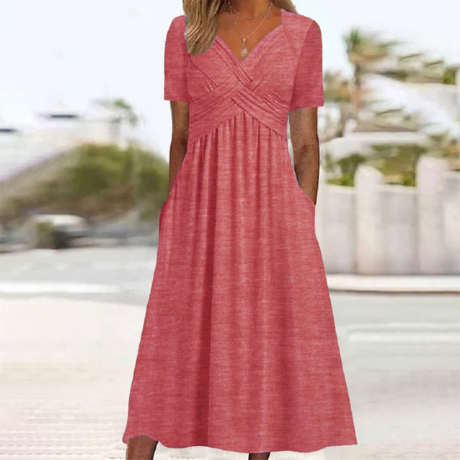 Valenzora | Blaues, schlichtes Midikleid mit V-Ausschnitt