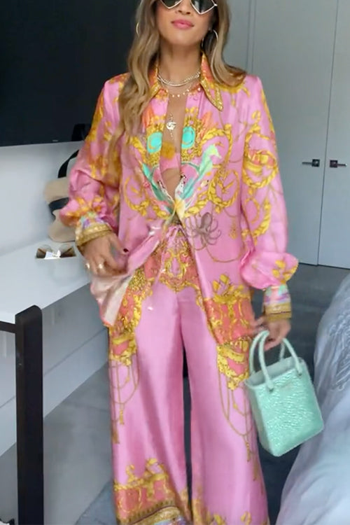 Valenzora | Rosiedress Einzigartiges Print Laternenärmel-Blusenhemd und Weite Beinhose Urlaub Outfit-Set