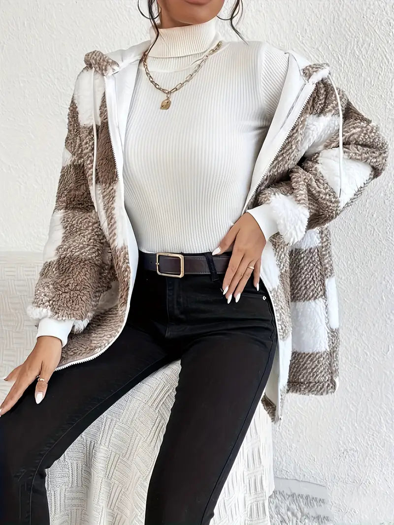 Valenzora | Checkered Teddy Hoodie Jacket | Warm and comfortable for winter