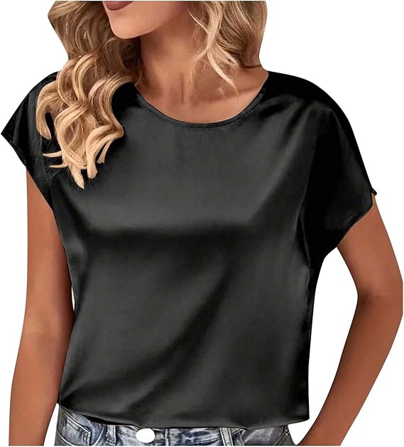 Women's satin T-shirt with an elegant waterfall neckline and simple details, size S