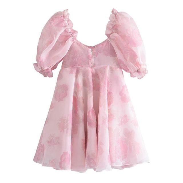 Valenzora | Organza dress with floral pattern, puff sleeves and sweetheart neckline