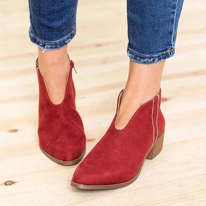 Valenzora | Women's suede ankle boots with low block heel, V-shaped design, zipper