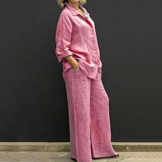 SummerSilhouette Duo™ – Women's Linen Two-Piece Set with Blouse & Trousers, Airy, Elegant & Comfortable for Summer