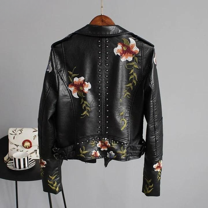 Valenzora | Leather jacket with floral embroidery