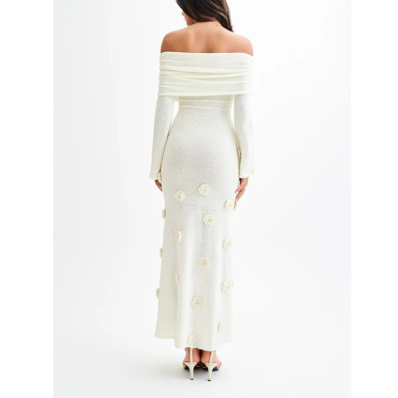 Valenzora | Three-dimensional floral dress with off-the-shoulder knit